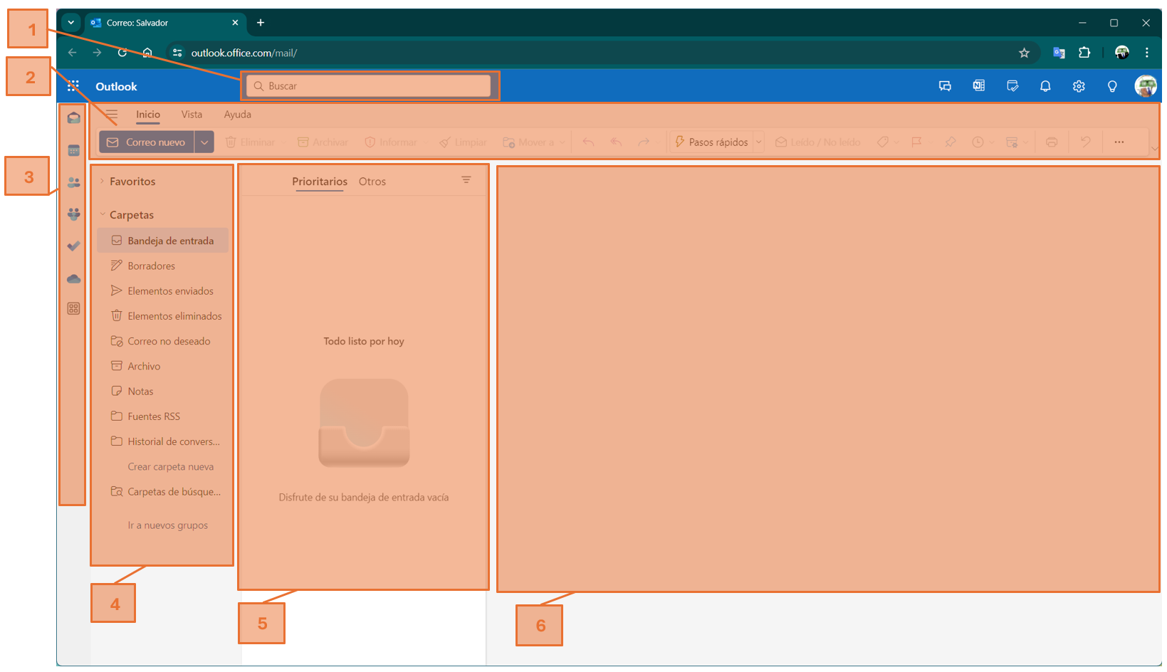 Pantalla principal de Outlook dividida por zonas